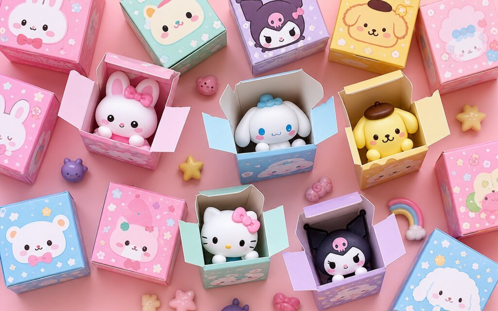 Pastel Japanese blind box figures lined up together